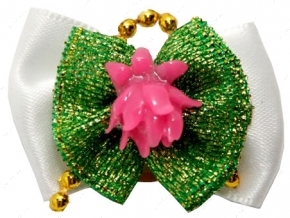 Бантик на резинке бело-зеленый с розовым лотосом 3,5 см