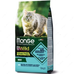 Беззерновий сухий корм з тріскою для дорослих котів Monge Cat Bwild Grain Free cod