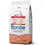 Повноцінний корм з лососем та рисом для цуценят дрібних порід Monge Natural Superpremium Mini Puppy and Junior Monoprotein Salmon with Rice