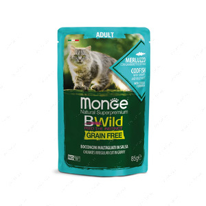 Беззерновий вологий корм для дорослих котів із тріскою, креветками та овочами Monge Cat Wet Bwild Grain Free Merluzzo
