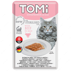 Консервы  для стерилизованных кошек и кастрированных котов, с говядиной TOMi Sterilised Beef in Jelly , пауч