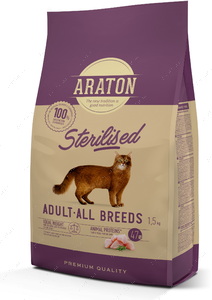 Повноцінний сухий корм для стерилізованих і схильних до зайвої ваги котів ARATON STERILISED Adult All Breeds