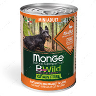 Вологий корм з качкою, гарбузом та цукіні для дорослих собак дрібних порід MONGE GRAIN FREE MINI ADULT ANATRA
